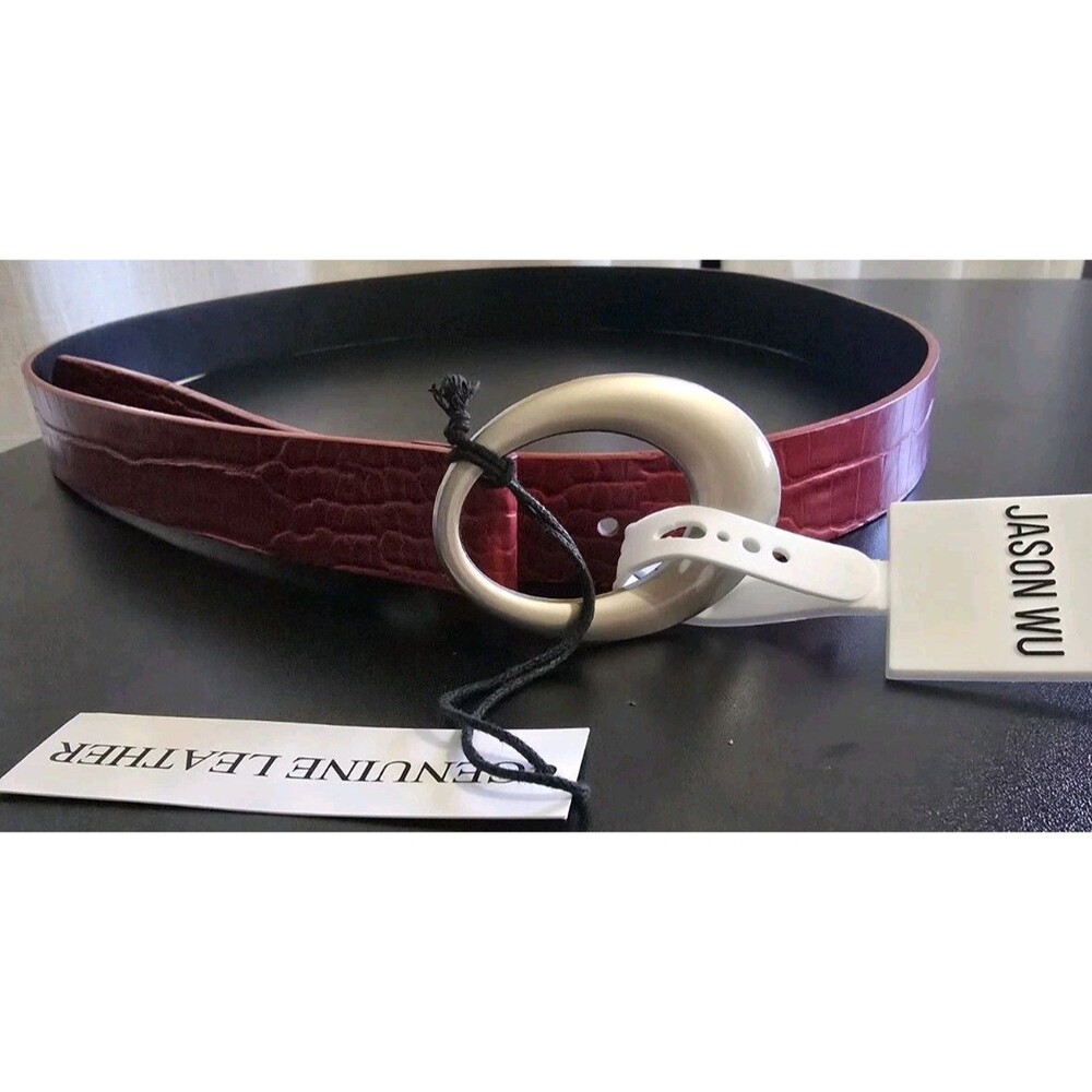 NWT Jason Wu Red Croc Embossed Genuine Leather Belt, Size L Silver Oval Buckle